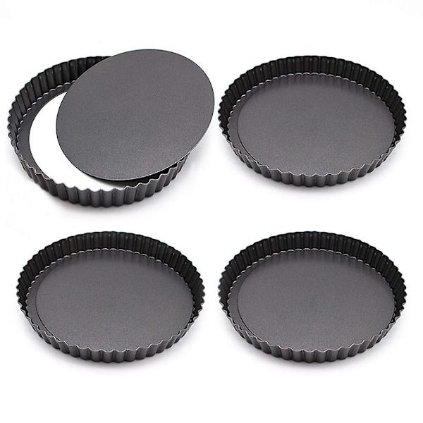 4 pakke tertepanne, mini non-stick 4 tommers tertebokser svart rund terte quichepanne avtagbar bunn for pai, pizza