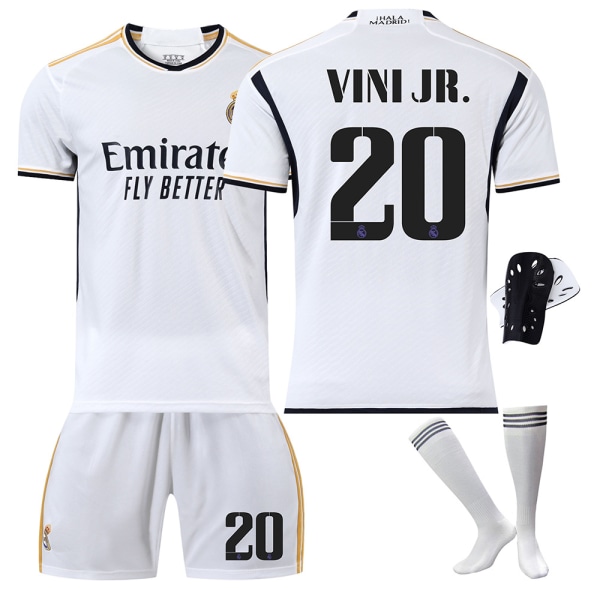 Det nye 2324 Real Madrid hjemmefotballdraktsett med sokker og verneutstyr 20 VINI JR. 20 VINI JR. XL