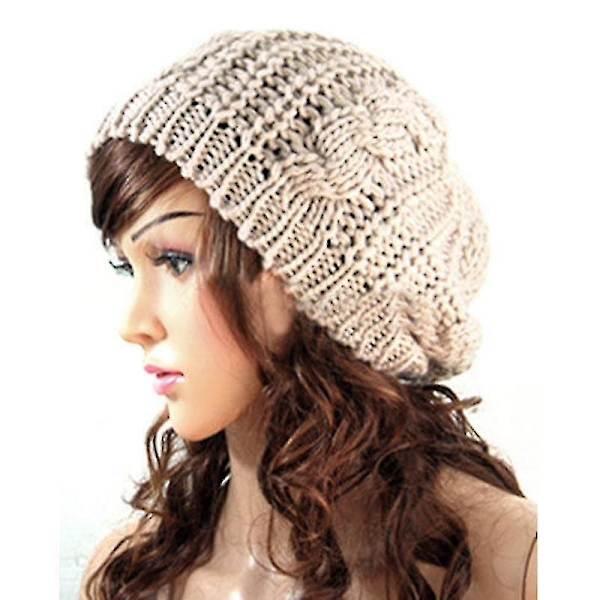 Hhcx-kvinner Vinter Varm Strikket Tykk Hekle Slouch Stretch Dame Beanie Varm Lue Beige