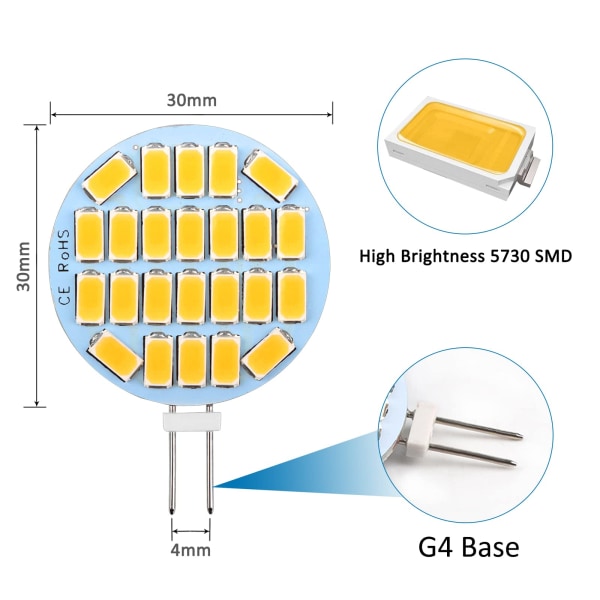 Den nye G4 LED 3W, AC12-24V, 300LM Varmhvit 3000K, 24x5730 SMD 6 Pack