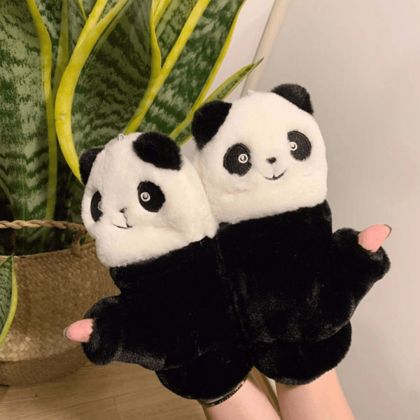 【BQ】Panda-tema Plysch Vinterhandskar - Konvertibla Stickade Flip Top, Spandex och Polyester Black Black 2