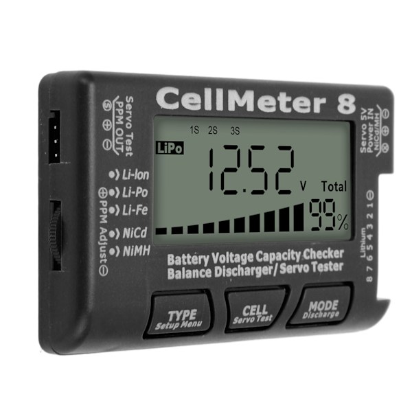Batterikapacitetskontrolltestare med balansurladdare och servotestare för LiPo - Svart
