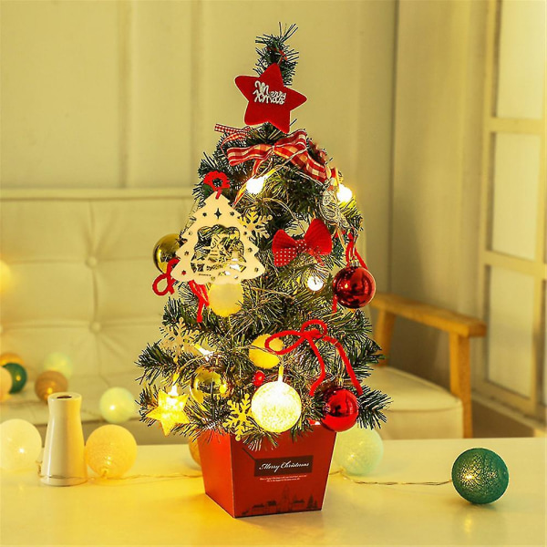 Esivalaistu keinotekoinen mini joulukuusi pöytäjalkainen joulukuusi koristeilla ja valoilla A