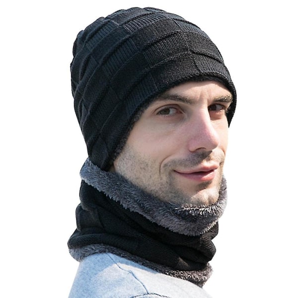 Mænd Kvinder Vinter Løs Slouchy Strikket Varm Beanie Hat Tørklæde Ski Skull Cap Sæt Hat and Black Bib