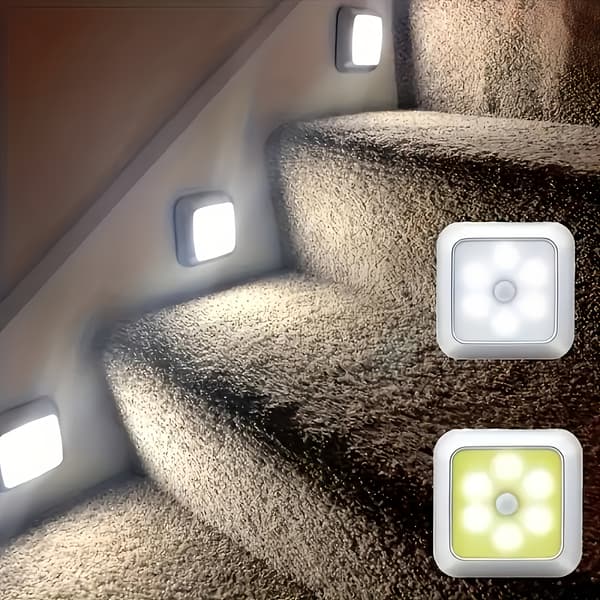 【BQ】Motion Sensor Stair Wall Light 6 LED Battery Operated Wireless Night Light for Under Cabinet Hallway Warm Light