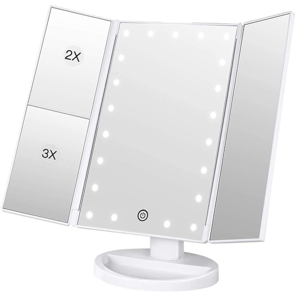 Den nya Sminkspegel, 3 sidor Sminkspegel Bordsspegel med 21 led Vikbar Dimbar 180 grader Justerbar rotation 1x 2x 3x