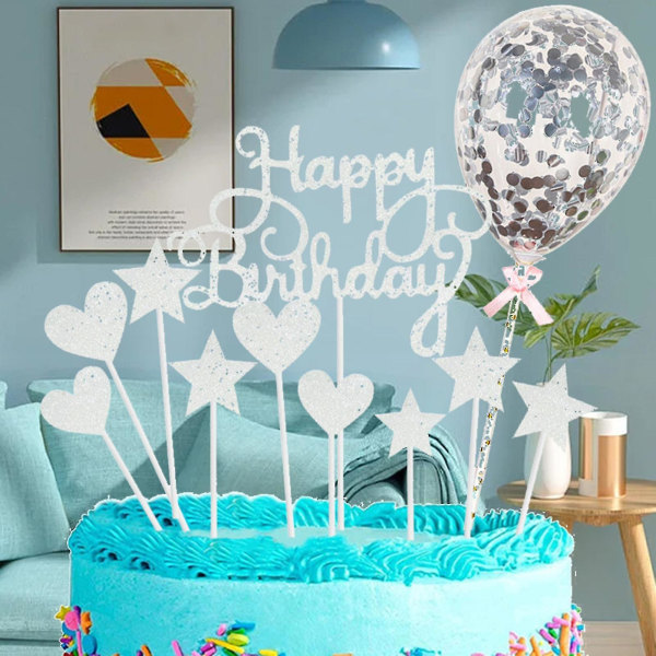 1 sæt kagekort Brugervenligt glitterpapir Pentagram fødselsdag Topper ballonsæt til børn B