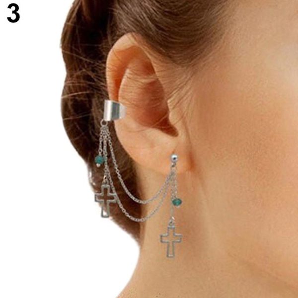 1 kpl Punk Tupsut Ketju Leaf Fish Cross Charms Ear Stud Cuff Korvakoru Koru Lahja