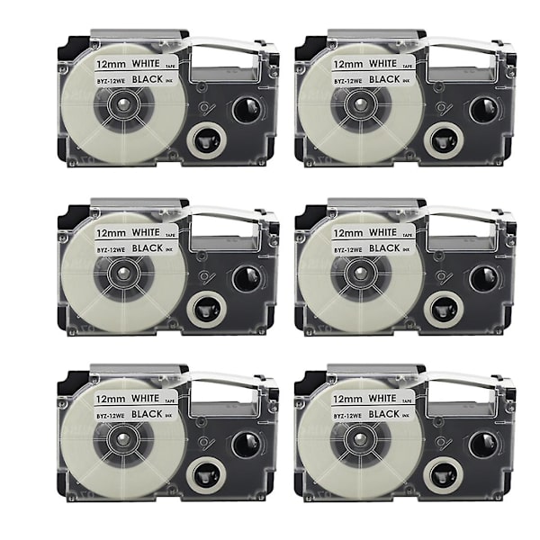 6 Pakke 12mm Sort På Hvidt Labelbånd Til -120 -e300 -60 -100 Kl750b Kl820 Kl750 Kl7200 Label Pri Black