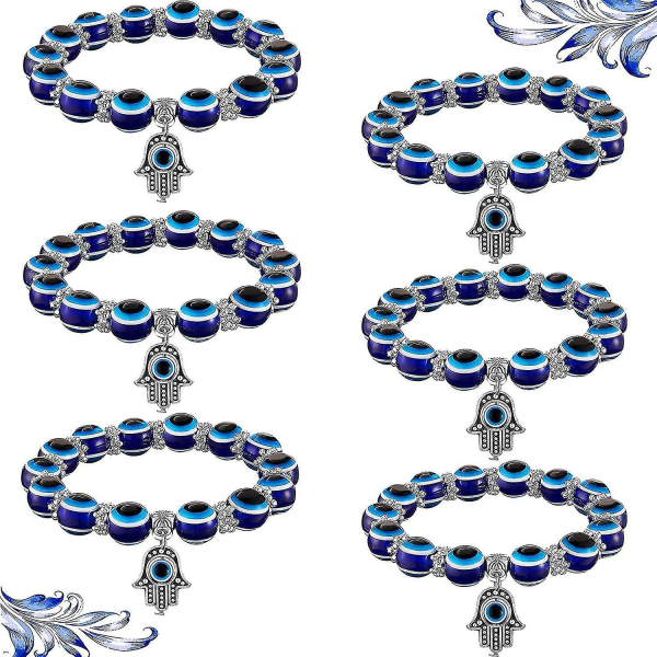 6 delar Evil Eye Beaded Charm Armband, Blue Eye Bead Stretch Armband Hand Fatima Turkish Lucky Armband (blå,8 Mm10 Mm)
