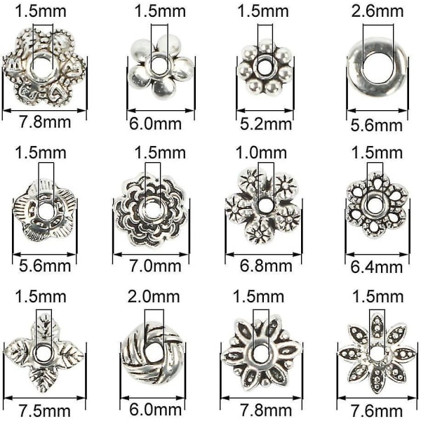 360 stk Sølv Spacer Beads Caps 12 Styles Smykketilbehør til smykkefremstilling