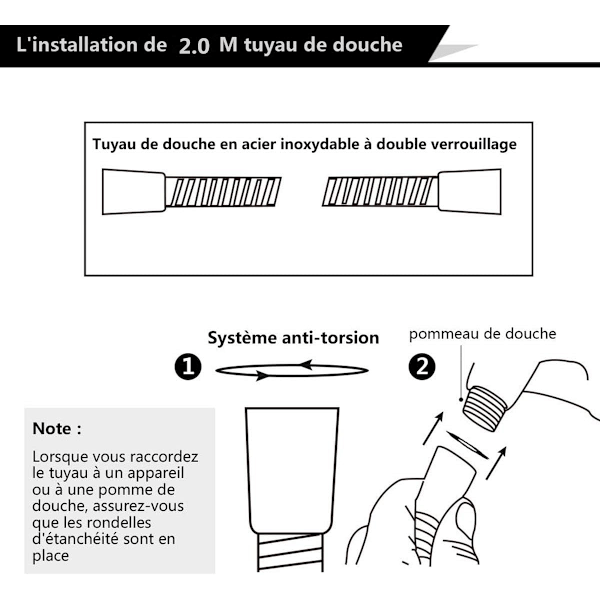 Duschhuvud + 2M flexibel duschslang, 5 vattensparlägen och strömbrytarknapp