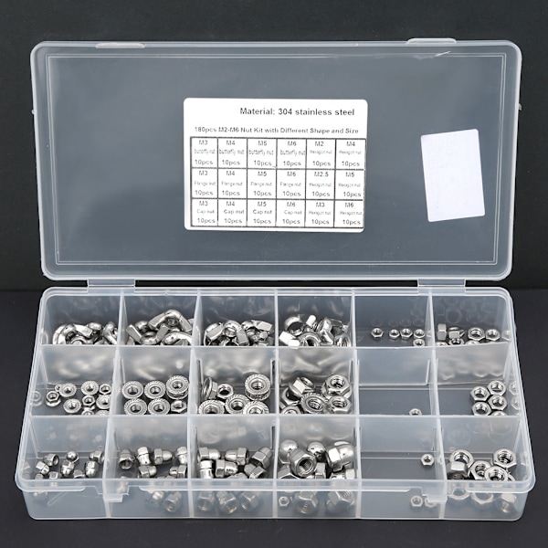 180 st Rostfria Muttrar Kit Vingmutter Flänsmutter Hattmutter Sexkantmutter M2 M2.5 M3 M4 M5 M6