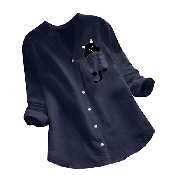 Damskjorta Printed ficka bomull Linne blus V-hals Casual långärmad skjorta Button Down Top Kläder Blue M