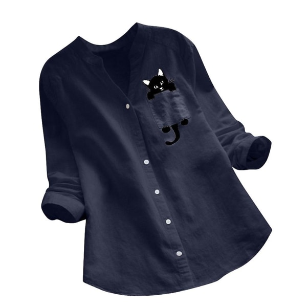 Skjorte for kvinner Kattetrykt lomme bomull lin bluse V-hals uformelt langermet skjorte knapp ned topp klær Blue XXL