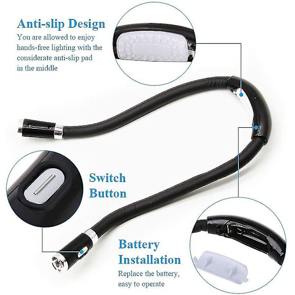 Handsfree-led-läslampan som hänger runt halsen 4 led-lamppärlor, 4 växlarläge, du kan läsa på sängen eller i bilen (svart)