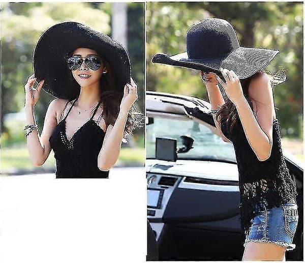 Damehat med bred skygge, foldbar og rullebar stråhat, Upf 50, sommerhat Black 23