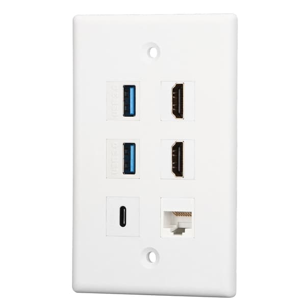Multimediaväggplatta med 6 portar - 2xHD, 2xUSB3.0, 1xTyp C, 1xCat6 Ethernet
