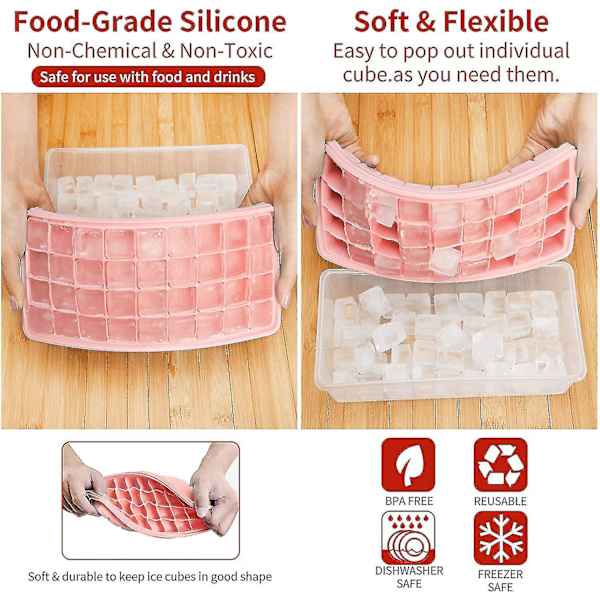 Ice Cube Fack Lock Och Bin Silikon Is Fack Med Skopa 77 grids Pink