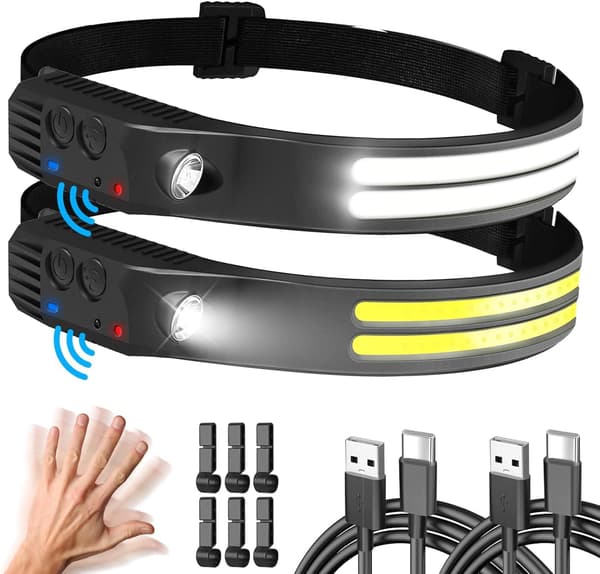 【BQ】LED-hodelykter, oppladbare, 2-pakning, 230° vidvinkel, 2 LED hvite lyssensor vanntette hodelykter, ideelle for jogging, fiske og løping.