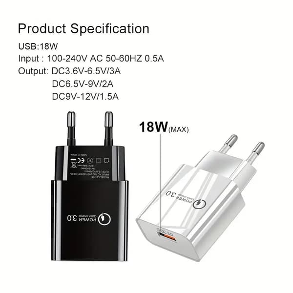 18W QC3.0 Hurtigoplader USB EU Vægoplader Mobiltelefonoplader Til Xiaomi POCO X3 NFC M3 10T Lite 10 9 Redmi 9 Note 9 8 Pro Type C Oplader black