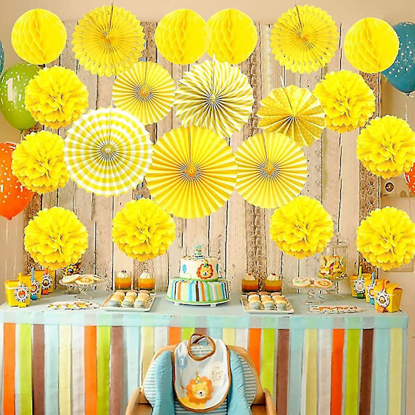 Hängande set, silkespapper Pom Poms Blomfläkt och honeycomb bollar