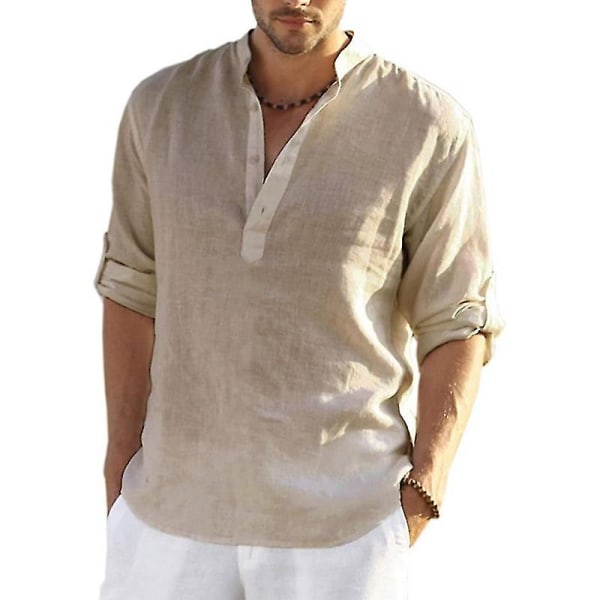 Langermet linskjorte for menn, fritidsskjorte i bomull og lin, S-5xl topp, helt ny gratis frakt Khaki XXXL