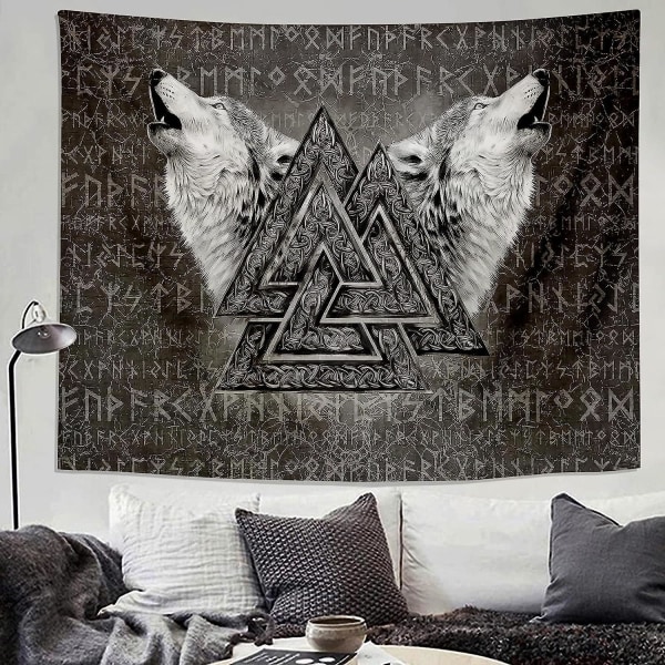 Vikingtapet Valknut Veggkunst Ulv Totem Rune Veggoppheng Nordic Viking Runes Vegghåndkle Svart Hvit Estetisk dekorasjon Personlig billedvev La