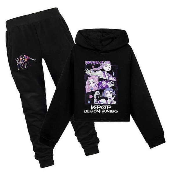 【BQ】Demon Hunters-hættetrøjer til piger K-POP Børn Trøje Pullover Toppe Bukser Outfit Sæt sort black 150
