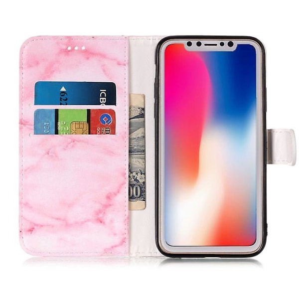 Iphone X:lle vaaleanpunainen marmorikuvioinen vaakasuora käännettävä case pidikkeellä ja korttipaikalla ja lompakolla
