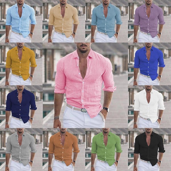 Herre bomuld linned revers strandskjorte lyseblå L
