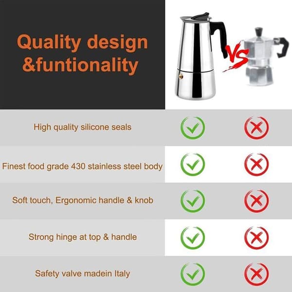 Espressomaskine i rustfrit stål, 6 kopper, kompatibel med alle varmekilder, 300 ml
