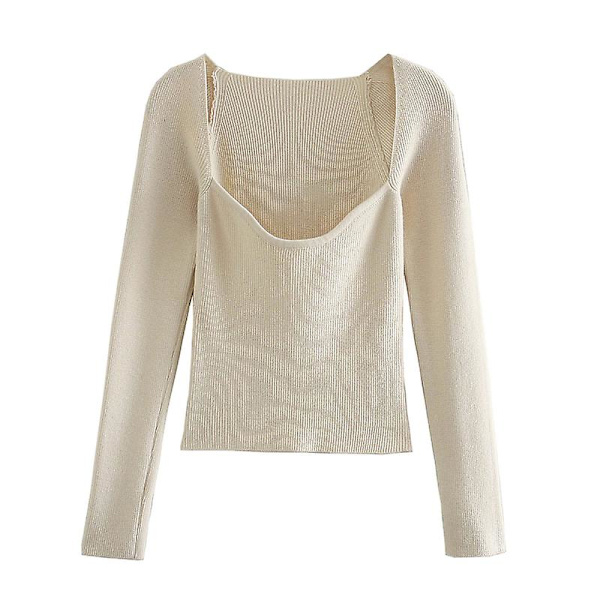 Snygg Chic Beige Stickad Cropped Blusar Dammode Sexiga Fyrkantiga skjortor med krage Flickor Streetwear Casual Toppar S S