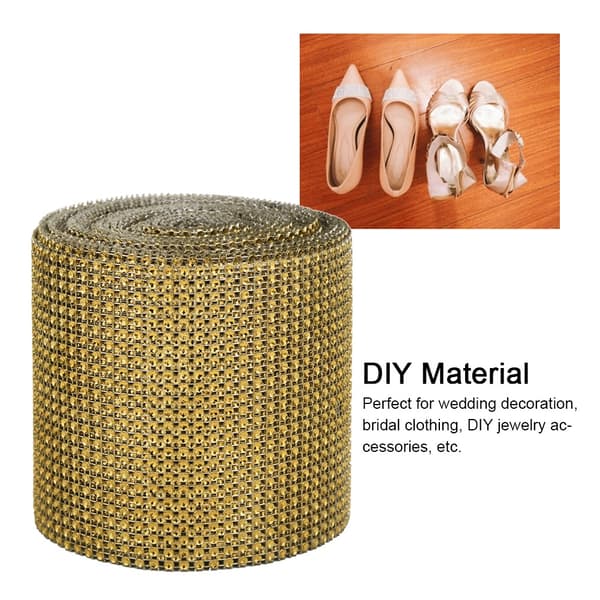 9m 24 Rader Galvaniserad Plast Konstgjord Rhinestone Mesh Bröllopsklänning Dekoration Guld