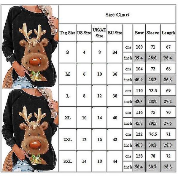 Hhcx-christmas Tunic Women Long Sleeve T-shirt Xmas Elk Printed Blouse Tops White L