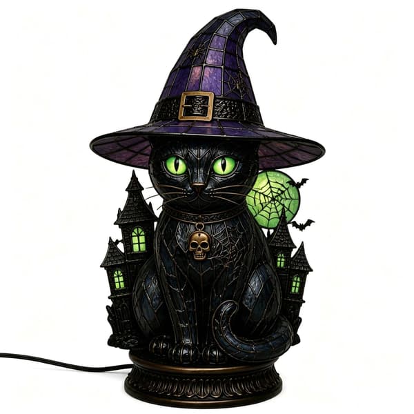 Gothic Halloween Lamp with Witch Hat, Vintage Style Decorative Table Lamp, LED Night Light for Bedroom, Shelf and Table Skull Cat