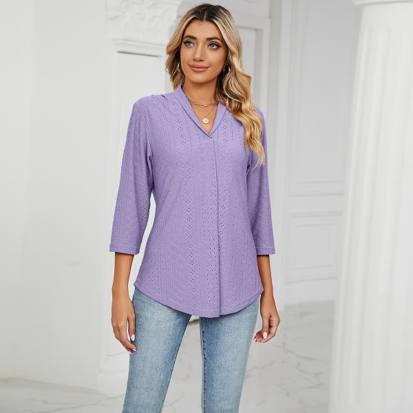 v-hals jacquard løs top midt-ærmet revers t-shirt sort M