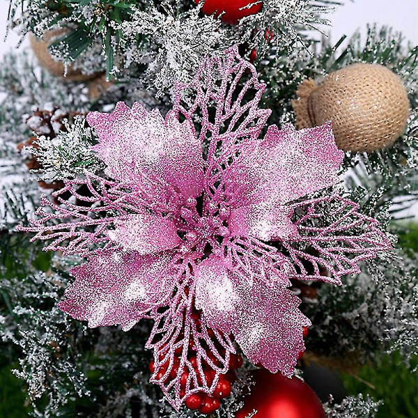 6 stk juletre dekorative blomsterglitter Simulere blomsterdekorasjoner Delikat uthulte blomster Juleutstyr (gylden + rød + rosa + blå + si