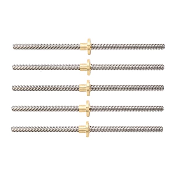 5 stk. T8 ledeskrue 2 mm stigning 8 mm ledning 200 mm lineær bevegelse gjenget stang med messingmutter for 3D-printer