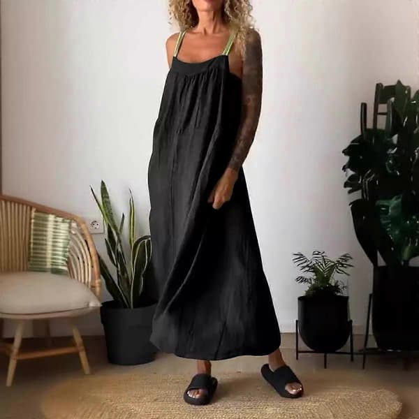 【BQ】Sommerlig uformell stroppekjole i bomull og lin Apricot S