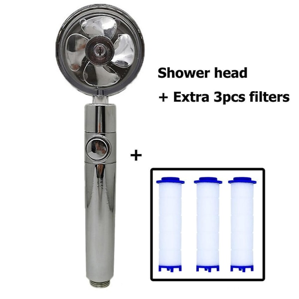 Nytt propellerduschhuvud Högtrycksvattenbesparande överladdat turboduschhuvud med fläktfilter Regnbaddusch Silver and filters