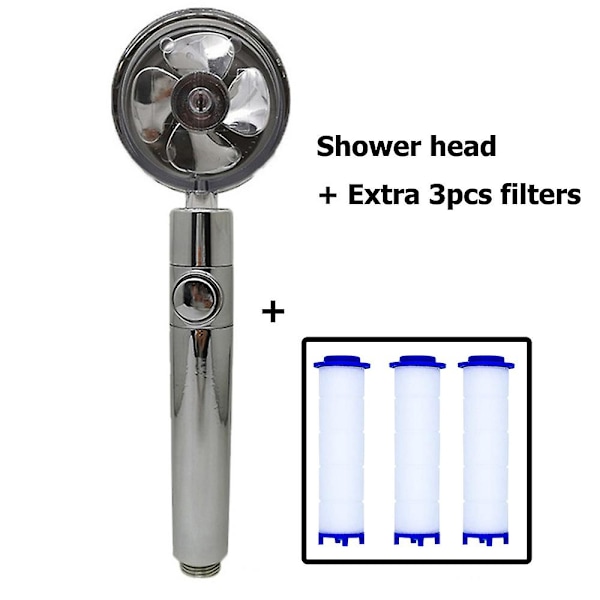 Uusi potkurisuihkupää, korkeapaineinen vettä säästävä ahdettu turbo-suihkupää tuulettimella sadevesisuihku kylpyhuoneessa Silver and filters