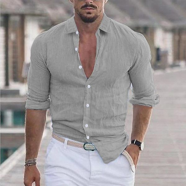 Herr bomull Linne Lapel Beach Shirt grön M