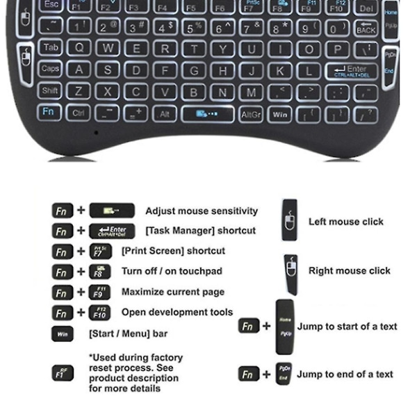 Bakgrunnsbelyst mini-trådløst tastatur, håndholdt fjernkontroll med pekeplatemus