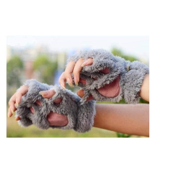 Den nya Söt katt kattunge tassar plysch fuskpäls fingerlösa handskar för flickor kvinnor (grå)