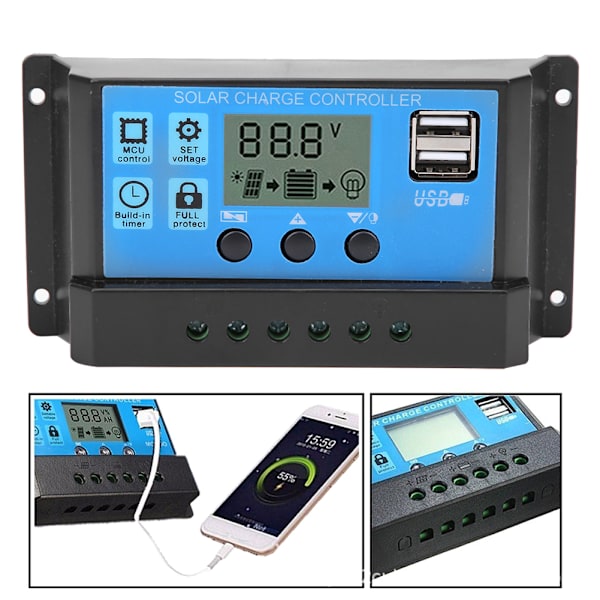 Blau Solar Automatisk PWM LCD Dobbelt USB 5V 10A PV System Controller Regulator
