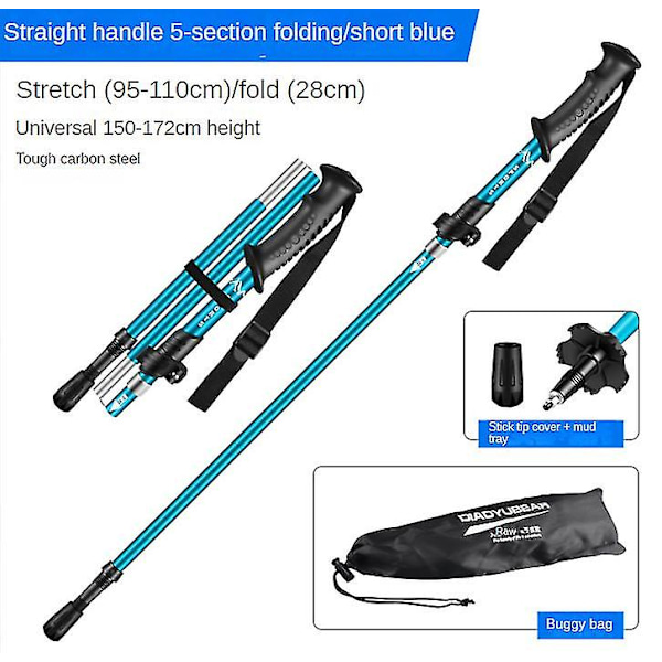 Sammenklappelige vandrestave i aluminium med hurtiglåsesystem, sammenfoldelige, teleskopiske, ultralette til seniorvandring, rygsæk, vandreture Straight handle Short blue