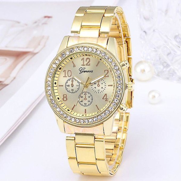 Luxury Metal upotekoristeiset timantit Crystal Business Women Muodolliset kultaiset metallikellot