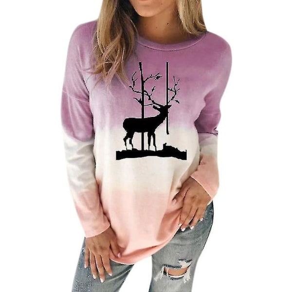 Hhcx-christmas Reindeer Women Xmas T-shirt Blouse Colourblock Jumper Top Purple 2XL