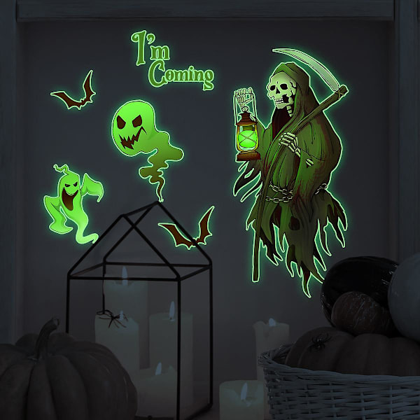 Ikkuna- ja seinätarrat – Halloween-pimeässä hohtava kuu, noita, lepakot, haamut ja pääkallot seinätarrat Big Red
